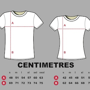 May include: A size chart for t-shirts with measurements in centimeters for sizes small, medium, large, extra large, extra extra large, and extra extra extra large. The chart shows the measurements for the width of the shirt (A) and the length of the shirt (B).