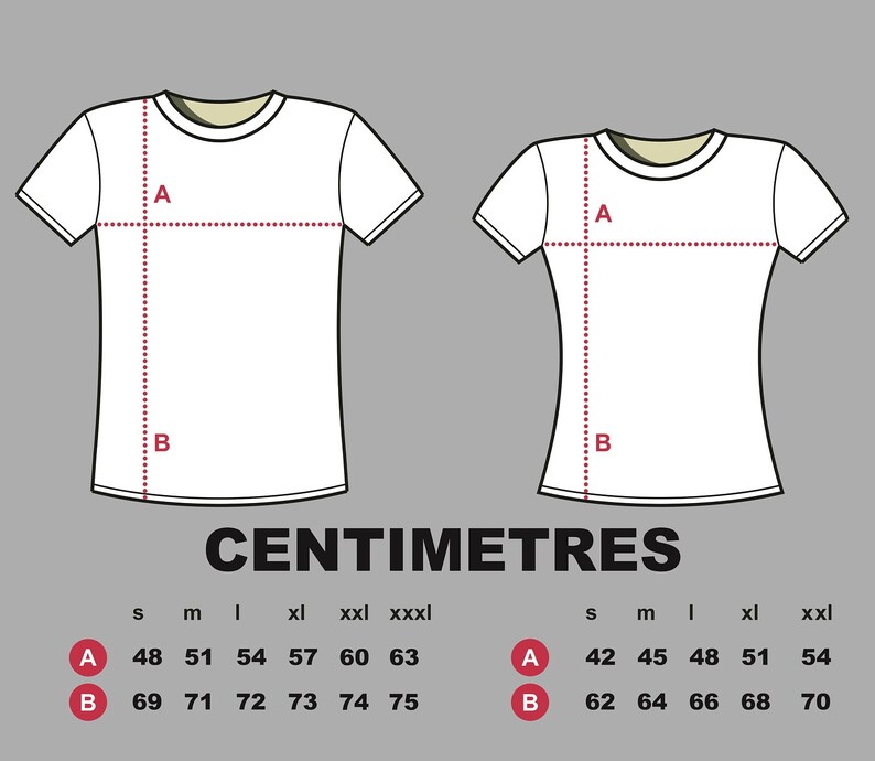 May include: A size chart for t-shirts with measurements in centimeters for sizes small, medium, large, extra large, extra extra large, and extra extra extra large. The chart shows the measurements for the width of the shirt (A) and the length of the shirt (B).
