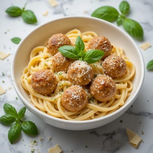 Receita de Almôndegas de Frango com Fettuccine Alfredo em PDF | Jantar Cremoso e Confortável | Fácil e Favorito da Família | Download Instantâneo | Receita para Imprimir