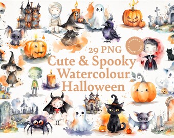 Niedliche und gruselige Clipart-Bundle, Halloween, Aquarell, Kürbis, Gespenst, PNG, Hexe, Sublimation, Scrapbooking, printable, kommerzielle Nutzung
