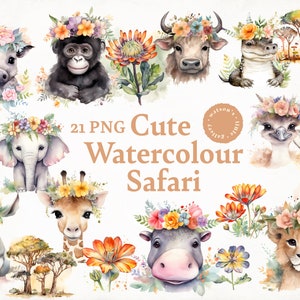 Baby Safari Animal Clip Art Bundel, Boho Flower Crown, Aquarel, PNG, Kwekerij, Sublimatie, Scrapbooking, Afdrukbaar, Commercieel gebruik