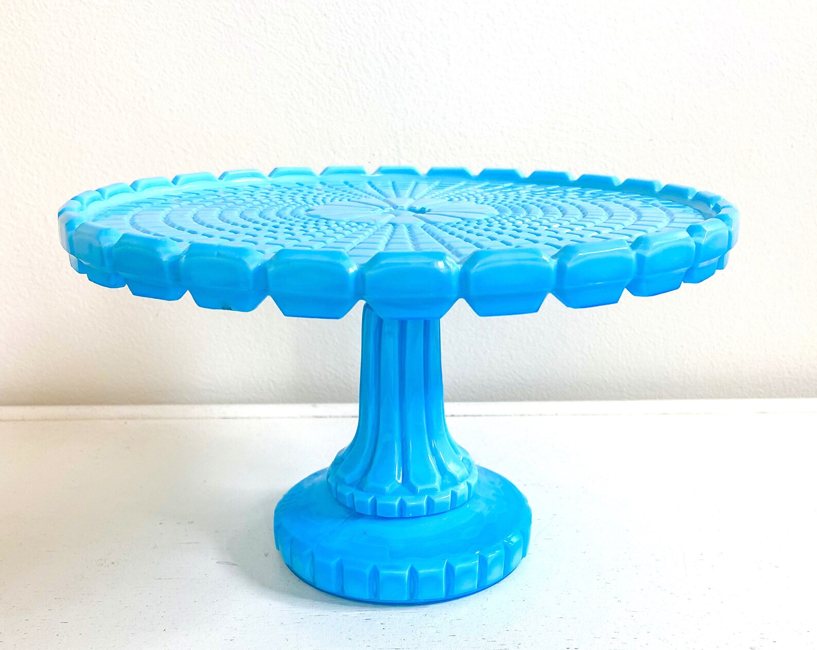 Atterbury & Co. Blue Milk Glass Cake Stand Waffle Pattern Etsy