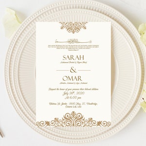 Muslim Wedding Invitations - gold/cream Custom Arabic Invitation - Nikkah invitation - bilingual invitation
