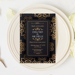 Muslim Wedding Invitations - gold/black Custom Arabic Invitation - Nikkah invitation - bilingual invitation