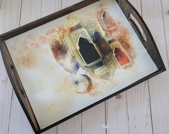Ramadan Tray, brown wooden Arabic Calligraphy rustic decoupaged serving tray,tray, arabic gift. Arabic decor.