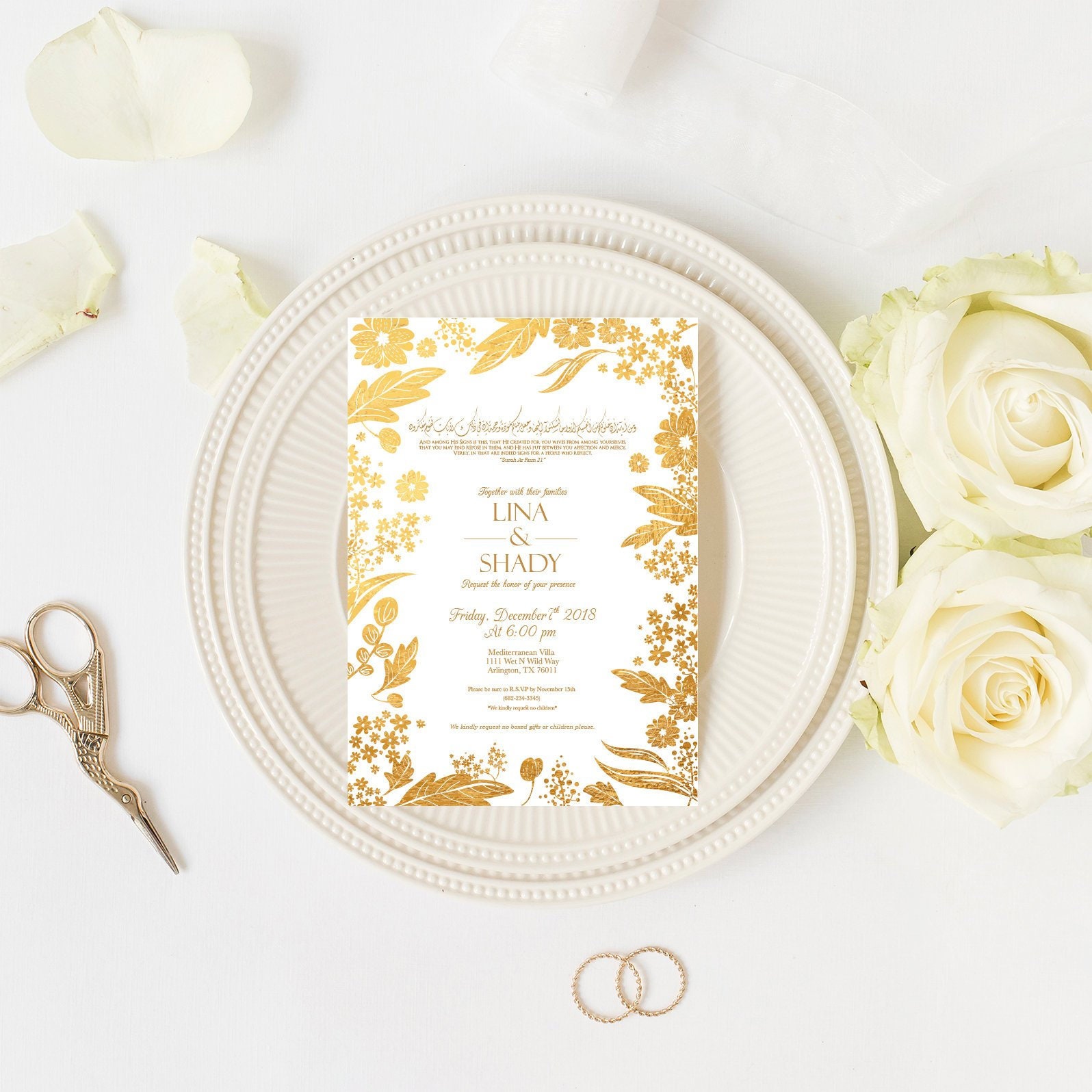 Invitaciones de boda musulmana - invitación árabe personalizada de oro  -invitación de boda árabe e inglés - invitación Nikkah - invitación bilingue, image size:1596x1596