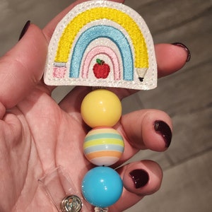 Pencil boho rainbow badge reel, badge clip for teachers, badge holder for school, badge reel for school nurse, badge reel for para
