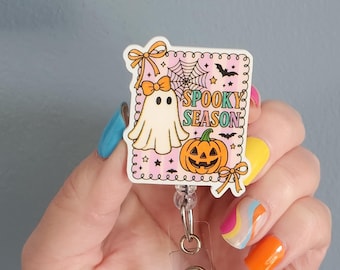 Spooky season badge reel, halloween badge clip, fall id badge holder, ghost badge reel for nurse, cute pumpkin badge holder for work,