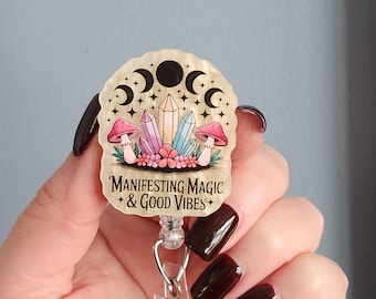 Manifesting magic and good vibes badge reel topper, crystal interchangeable badge clip for nurse, cute witchy id holder lanyard for work