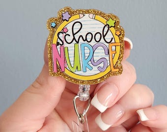 School nurse glitter badge reel, elementary rn badge clip, cute id holder pulley gift for nurse, interchangeable badge reel topper for work