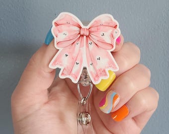 Pink ghost Coquette bow badge reel, halloween badge clip, cute badge reel for work,  Coquette halloween badge reel, spooky badge clip