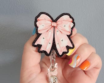 Pink ghost Coquette bow badge reel, halloween badge clip, cute badge reel for work,  Coquette halloween badge reel, spooky badge clip