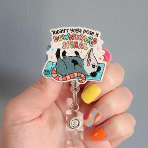 Funny opposum badge reel, yoga lover badge clip, gift for coworker, funny badge reel, mental health badge reel, possum badge reel for work