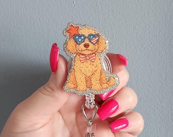 Fourth of July puppy badge reel, 4th of July dog interchangeable topper for badge clip, Patriotic holiday golden doodle id holder pulley