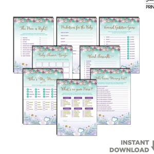 May include: A set of printable mermaid-themed baby shower games. The games include "The Price is Right", "Predictions for the Baby", "Animal Gestation Game", "Baby Shower Bingo", "Word Scramble", "Who's My Mommy", "What's in Your Purse?", and "Who Knows Mommy Best?"