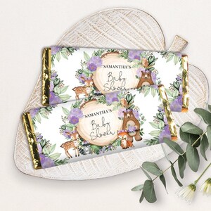 Purple Woodland Chocolate Bar Wrapper, EDITABLE Candy Bar Wrapper, Girl Forest Animals Baby Shower Birthday Favors Template Download, WOOD36