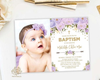 Girl Baptism Invitation Pink Gold Christening Printable Etsy
