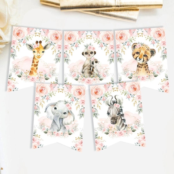 Blozen Safari dieren afdrukbare banner, roze bloemen wild één 1e verjaardag Bunting, meisje jungle baby shower decoraties INSTANT DOWNLOAD, SAF8