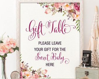 Floral Gift Table Sign. Printable Watercolor Roses Baby Shower Decor. Boho Bohemian Flower Baby Girl Sign. Rustic Garden Decoration. FLO7