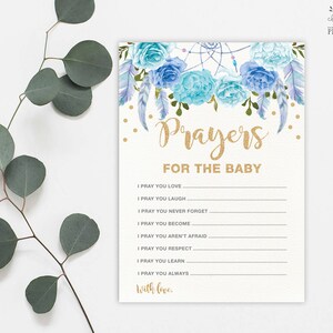 Tarjeta de Oraciones por el Bebé. Juego Imprimible de Bautizo Floral Azul, Bautizo, Baby Shower. Deseos de confeti con purpurina azul y dorada para bebé. FLO12C