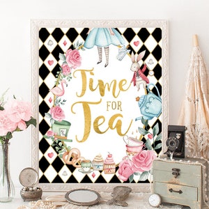 Alice in Wonderland Time for Tea 1st Birthday Decor, Onederland Mad Hatter Tea Party Sign, Baby Shower Decorations Printable Download, AL1