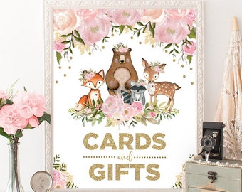 Cards & Gifts / Blush Pink Floral Woodland Baby Shower Printable Sign / Forest Animals Decoration / INSTANT DOWNLOAD / FLO18G