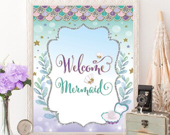 Mermaid Welcome Sign. Birthday Party Decoration. Ocean Sea Beach Baby Shower. Purple Gold Silver Mint Decor Table Sign. Mermaid Scales. MER4