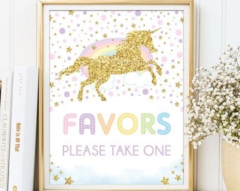 Rainbow Unicorn Favors Sign. Confetti Pink Gold Glitter First 1st Birthday Party Decoration  Baby Shower Unicorn Table Sign Decor. UNI4