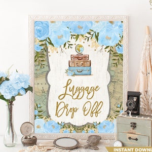Handgepäck Drop Off Vintage Reise Karte Baby Shower Dekoration. Blaues Blumen Koffer Dekor Zeichen. Blau Gold Adventure Baby Tischschild. TRA2
