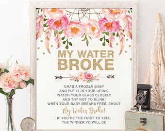 My Water Broke Printable Sign. Pink Floral Baby Shower Game. Dreamcatcher Pink and Gold Decoration. Ice Cube Baby Shower Game. FLO12A