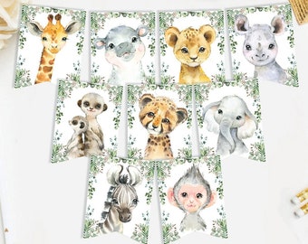 Jungle Party Animals Printable Banner, Safari Wild One 1st Birthday Bunting, Greenery Baby Shower Decorations INSTANT DOWNLOAD, JUN13