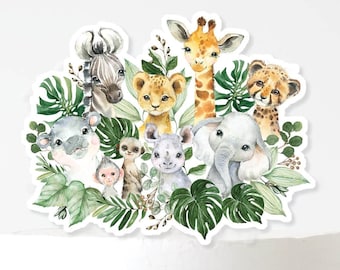 Greenery Jungle Animals Cake Topper, Tropical Safari Wild One Birthday INSTANT DOWNLOAD, Elephant Giraffe Lion Hippo Baby Shower Decor JUN13