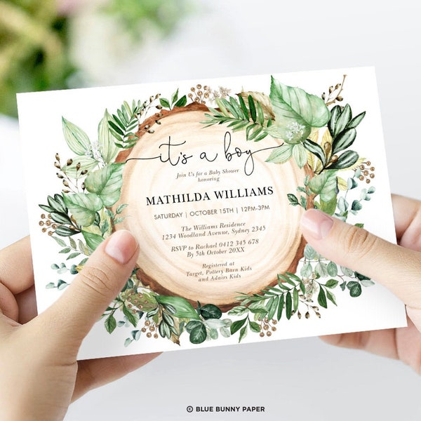 Rustic Greenery Baby Shower Invitation Template. EDITABLE Botanical Forest Printable Invite. Gender Neutral Baby Sprinkle Download. GR2