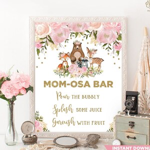 Letrero de barra Mimosa de bosque floral rosa. Decoración imprimible de Baby Shower Mamá-osa y Mamá-osa. Animales del bosque de oro rosa rubor DESCARGA INSTANTE. FLO18G
