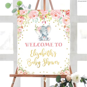 Girl Elephant Baby Shower Welcome Sign, Elephant Wild One 1st Birthday Decorations, Pink Gold Floral Little Peanut, EDITABLE TEMPLATE, ROSE2 image 1