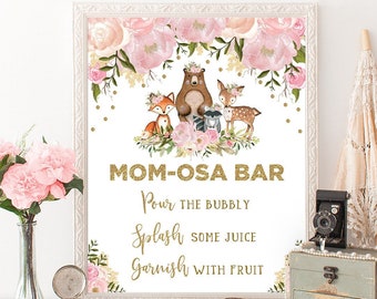 Pink Floral Woodland Mimosa Bar Sign. Baby Shower Mom-osa & Mum-osa Printable Decor. Blush Pink Gold Forest Animals INSTANT DOWNLOAD. FLO18G