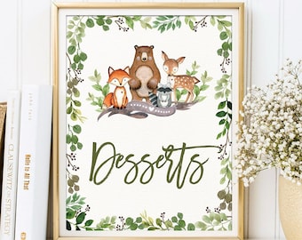 Woodland Animals Baby Shower Desserts Printable Sign. Forest Animals Favors Baby Decoration. Greenery Baby Shower Decor. BOT5