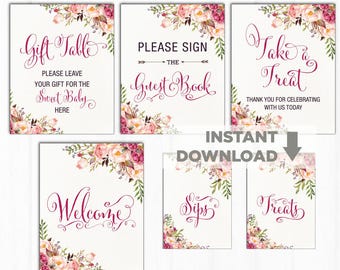 Floral Baby Shower Table Signs. 6 Printable Signs. Gift Table Favors Sign. Boho Flower Shower Decorations. Welcome Sign. Take a Treat. FLO7