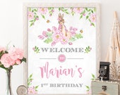 Girl Bunny First 1st Birthday Welcome Sign. Pink Floral Rabbit Baby Shower Decor. Blush Garden Tea Party. Woodland Pink flowers Decor. BUN5
