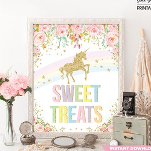 Sweet Treats Sign. Rainbow Unicorn Candy Bar Table Sign. Floral Pink Gold Glitter Baby Shower Birthday Party Decoration. Candy Buffet UNI10C image 1