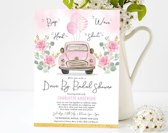 Pink Floral Drive By Bridal Shower Invitation. Drive Through Quarantine Party Parade Invite. EDITABLE TEMPLATE. Instant Download. DB1