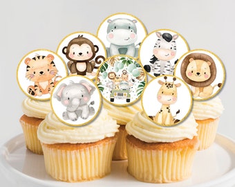 Greenery Jungle Birthday Party Printable, Safari Animals Baby Shower Decorations, Cupcake Toppers, Round Favor Tags, INSTANT DOWNLOAD, SAF3