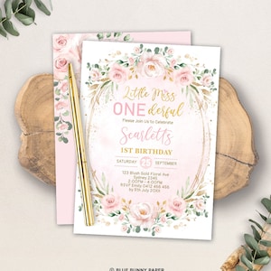 Little Miss ONEderful Birthday Invitation Girl 1st Birthday Blush Pink Gold Floral Garden Roses Printable EDITABLE TEMPLATE Download FLO40