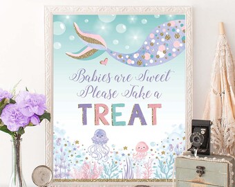 Babies are Sweet Mermaid Theme Sign. Pastel Watercolor Under the Sea Ocean Creatures Baby Shower Decor. Confetti Take a Treat Favors. MER6