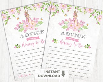 Girl Rabbit Baby Shower Advice Card. Pink Floral Bunny Baby Shower Game Advice for Mommy To Be. Woodland Watercolor Flowers. BUN5