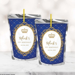 Etichette modificabili per sacchetti di succo del principe ereditario, bomboniere per feste di compleanno del piccolo principe in oro blu reale, download immediato di King Baby Shower, RBG1