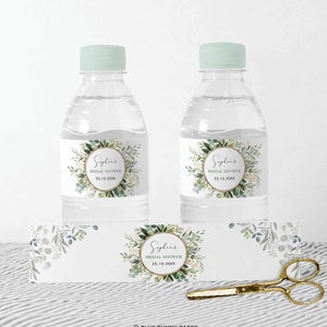 Greenery Gold Water Bottle Label, Eucalyptus Wreath Bridal Shower Favors, Botanical Garden Baby Shower EDITABLE TEMPLATE Download, GR3
