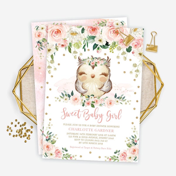 Editable Owl Baby Shower Invitation, Blush Pink Floral Owl Baby Girl Invite, Watercolor Owl Printable Template, Pink Gold Download, OWL1