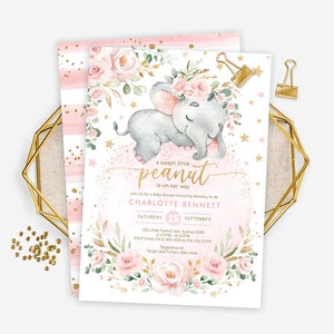 May include: A pink and gold baby shower invitation with a cute gray elephant wearing a floral crown. The text reads "a sweet little peanut is on her way" and includes the name Charlotte Bennett, the date, and RSVP information.