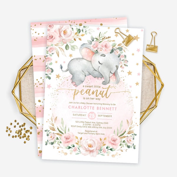 Girly Blush Floral Elephant Baby Shower Invitation, Pink Gold Twinkle Little Star Invite, Sweet Baby Girl Printable EDITABLE TEMPLATE, EL17